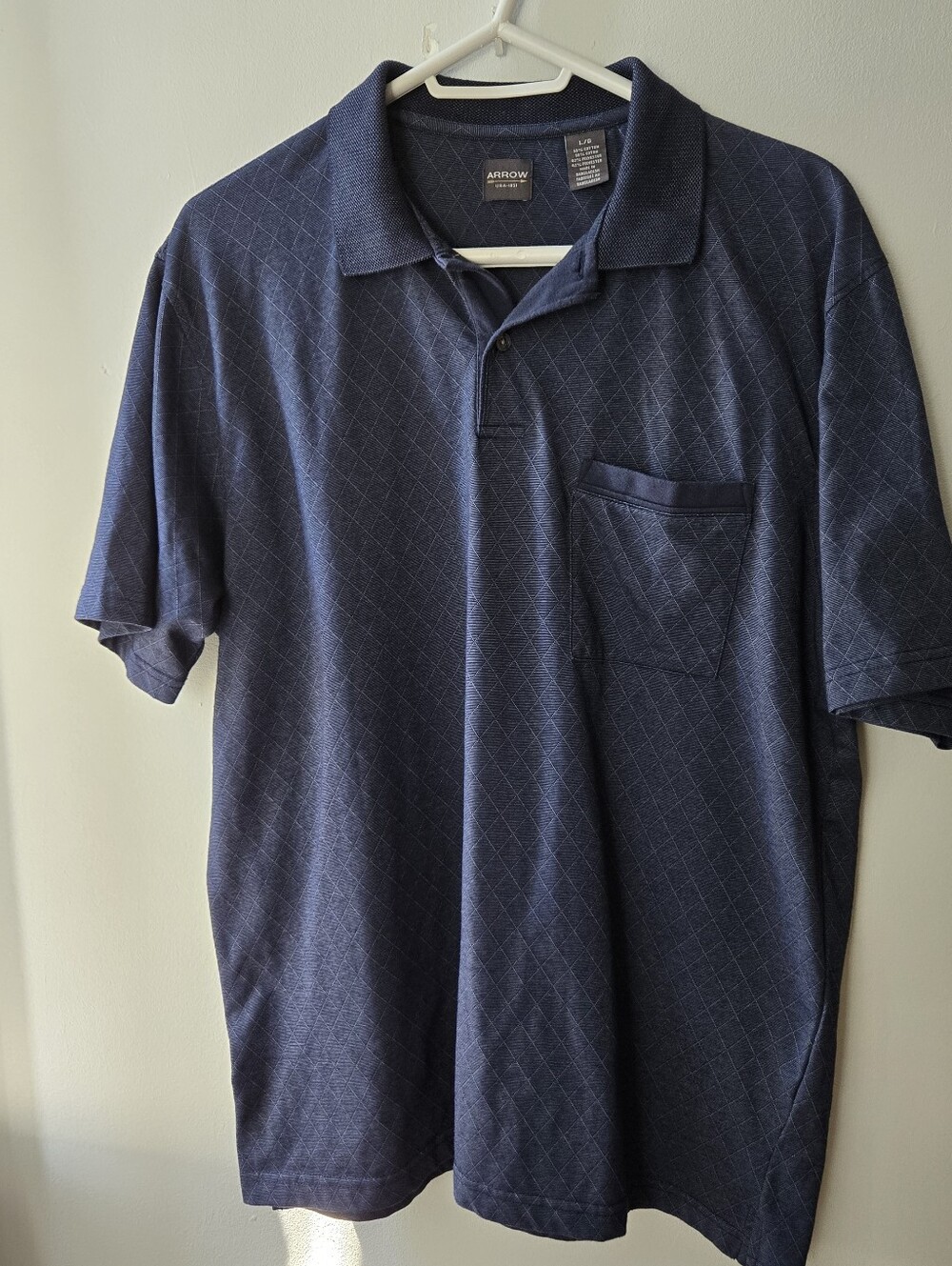 Arrow Polo LG Mens Navy Diamond Pattern Chest Pocket Cotton poly Casual Friday
